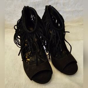 Brash Women Open Toe High Heels Black Fringes Suede Size 5.5 US/37 EU